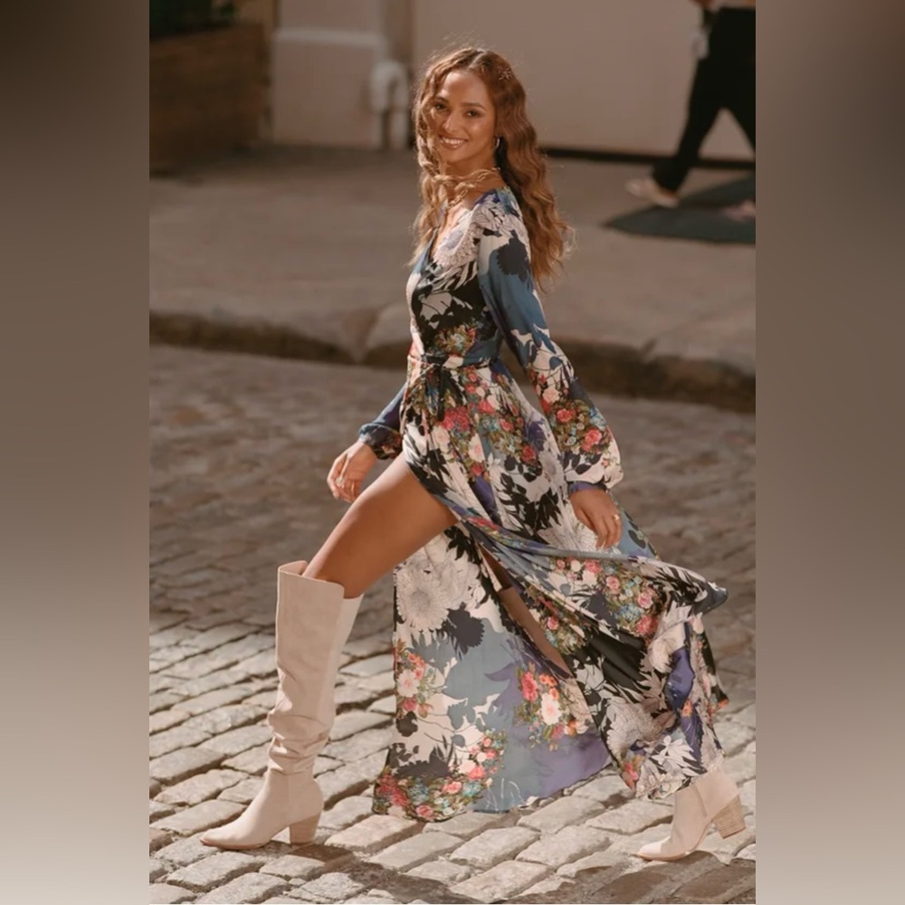 Lulus “Put on a Smile Blue Floral Print Satin Wrap Maxi Dress”